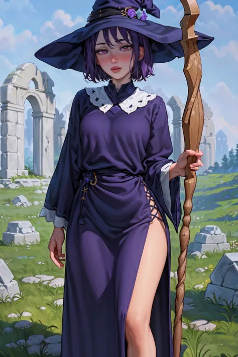 (aromasensei:1.3), best quality, masterpiece, detailed background, highly detailed, intricate, detailed face, long eyelashes, detailed eyes, (standing:1.1), (small breasts:1.0), (grassy field, stone towers, stone pillars, ancient structures, ruins:1.3),
(one girl:1.2), (1girl:1.1), (solo:1.4), (purple eyes:1.2), (purple hair:1.3), (bob cut, medium hair:1.2), (thick lips:1.3), (black choker:1.2), (pale skin:1.0),
(mage robes, witch hat, mage:1.1), (holding staff:1.2),
(shy, blush, nose blush:1.1), <lora:AromaStyle-V7:1>
