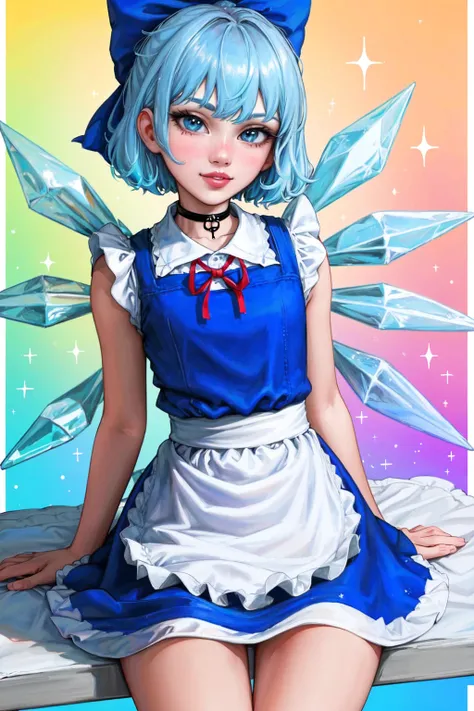 SLE, mksks style, best quality, masterpiece, detailed background, highly detailed, intricate, detailed face, long eyelashes, detailed eyes, (sitting:1.3), (small breasts:1.0), (narrow_waist:1.4), (wide_hips:1.3), (skindentation:1.4), (thick_thighs:1.3), (big thigh_gap:1.4), (petite, slim, skinny:1.3), (rainbow_background, colorful_background, ceaceless background, sparkly background, sparkles, shimmer:1.3),
(one girl, 1girl:1.0), (cirno:1.3), (light blue eyes:1.2), (light blue hair:1.2), (short hair, messy hair:1.3), (choker:1.2), (hair_bow:1.2), (thick_lips:1.3), (pale skin:1.0),
(blue maid outfit:1.3), (red_bowtie:1.1),
(light smile:1.0), <lora:envybetterhandsLocon_beta2:1> <lora:AromaStyle-V9:0.65>