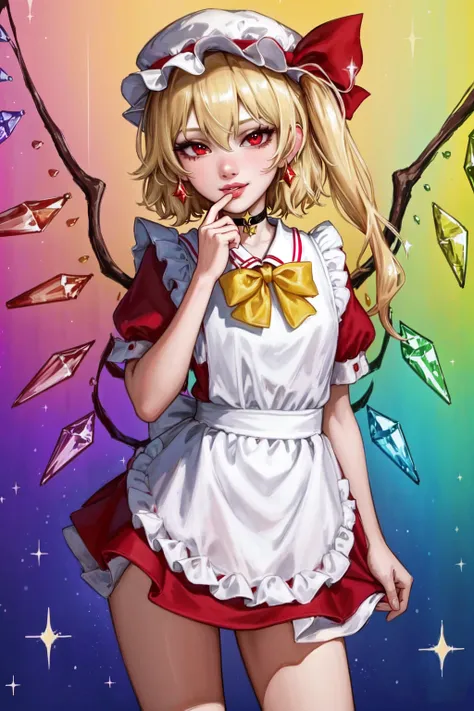 SLE, mksks style, best quality, masterpiece, detailed background, highly detailed, intricate, detailed face, long eyelashes, detailed eyes, (standing, hand to own mouth:1.3), (small breasts:1.0), (rainbow_background, colorful_background, ceaceless background, sparkly background, sparkles, shimmer:1.3),
(one girl, 1girl:1.0), (flandre scarlet:1.3), (red eyes:1.2), (blonde hair:1.2), (short hair, messy hair:1.3), (side_ponytail:1.2), (choker:1.2), (thick_lips:1.3), (pale skin:1.0),
(red maid outfit:1.3), (yellow bowtie:1.2), (hat, hat_bow, mob_cap:1.2), (wings, crystal:1.1),
(light smile:1.0), <lora:envybetterhandsLocon_beta2:1> <lora:AromaStyle-V9:0.65>