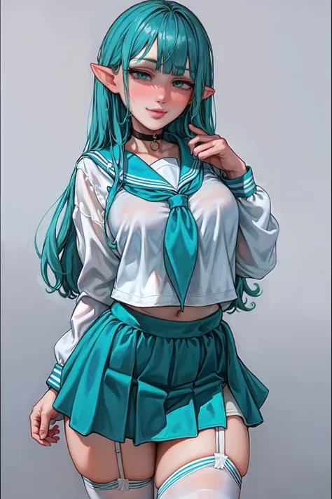 (aromasensei:1.3), best quality, masterpiece, detailed background, highly detailed, intricate, detailed face, long eyelashes, detailed eyes, (standing:1.1), (sexy pose:1.3), (thick thighs:1.0), (large breasts:1.1), (white background, simple background:1.3),
(one girl:1.2), (1girl:1.1), (solo:1.4), (aqua eyes:1.2), (aqua hair:1.3), (long hair:1.1), (straight hair:1.3), (blunt bangs:1.3), (thick lips:1.3), (pointy ears:1.2), (black choker:1.2), (pale skin:1.0),
(serafuku:1.2), (white shirt:1.1), (aqua sailor collar:1.1), (aqua skirt:1.3), (white thighhighs, white garter straps:1.1),
(light smile, blush, nose blush:1.1), (half-closed eyes:1.2), <lora:AromaStyle-V7:1>