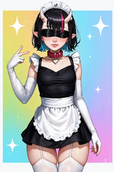 SLE, mksks style, best quality, masterpiece, detailed background, highly detailed, intricate, detailed face, long eyelashes, detailed eyes, (standing:1.3), (small breasts:1.0), (narrow_waist:1.4), (wide_hips:1.3), (skindentation:1.4), (thick_thighs:1.3), (big thigh_gap:1.4), (petite, slim, skinny:1.3), (rainbow background, multicolor background, colorful background, ceaceless background, sparkly background, sparkles, shimmer:1.3),
(one girl, 1girl:1.0), (black blindfold:1.3), (black hair:1.3), (blunt bangs, short hair, messy hair:1.3), (red_collar:1.2), (oni_horns:1.3), (thick_lips:1.3), (pointy ears:1.1), (pale skin:1.0),
(maid, maid headdress, maid apron, frilled dress, frills:1.3), (white thighhighs, white elbow gloves, white garter belt:1.2),
(light smile:1.0), <lora:envybetterhandsLocon_beta2:1> <lora:AromaStyle-V9:0.65>