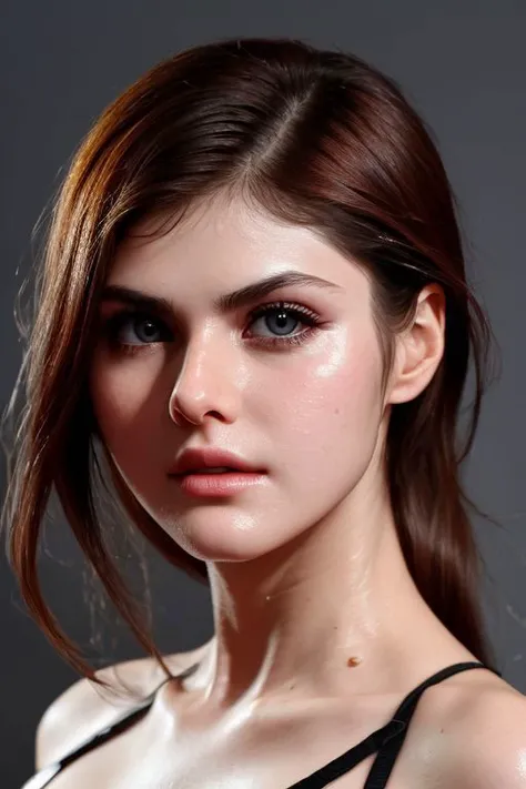 (CR-Alex4ndr4D4ddario-frankyfrank2k:0.9), face closeup photo of woman, (grey background:1.0), (oiled shiny skin:1.0), (tilted angle shot:1.0), (slick hair:1.0),