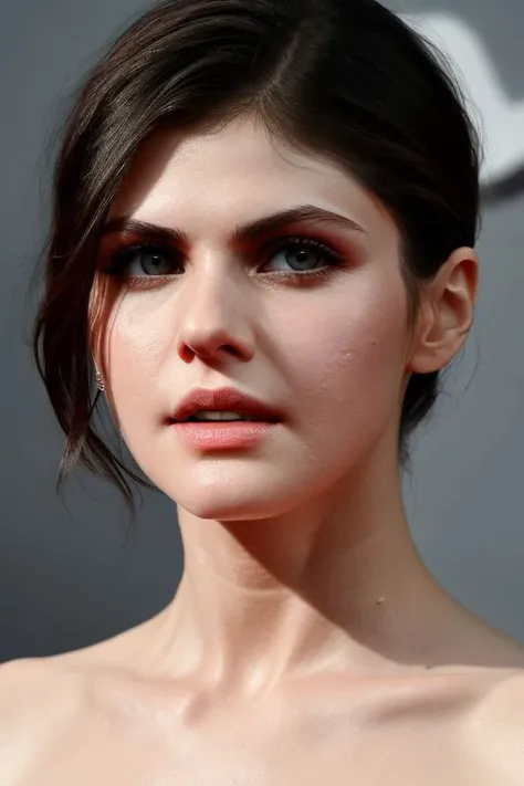 (CR-Alex4ndr4D4ddario-frankyfrank2k:0.9), face closeup photo of woman, (grey background:1.0), (oiled shiny skin:1.0), (tilted angle shot:1.0), (undercut hair:1.0),