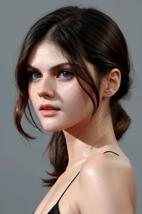 (CR-Alex4ndr4D4ddario-frankyfrank2k:0.9), face closeup photo of woman, (grey background:1.0), (oiled shiny skin:1.0), (tilted angle shot:1.0), (slick hair:1.0),
