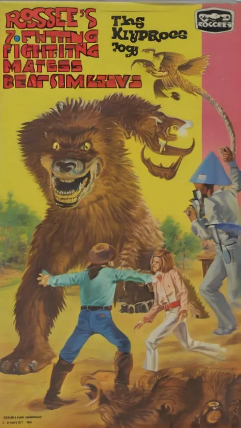 A Vintage toy box art example from the 70's Roscoe's Fighting Mysterious Beasts<lora:pachi:0.01>