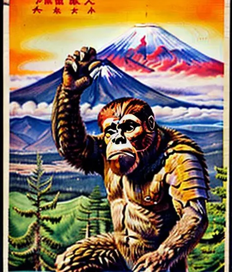 Bigfoot vs robotman, <lora:pachi:0.7>,detailed, Bigfoot fights the Bionic-Man, Mt Fuji, Retro, Showa Era,