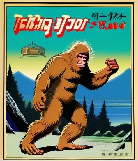 <lora:pachi:0.7>, Bigfoot fighting Bionic Man, Mt Fuji, Retro, Showa Era