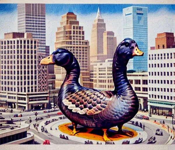 <lora:pachi:0.7>, giant goose, illustration, city