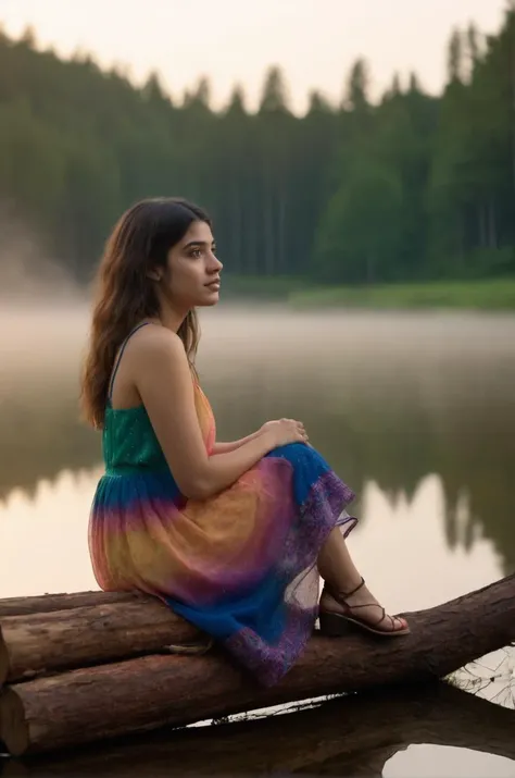 tv_Generic_25yo_Algerian, , calm expression, wearing a colorful sundress, sitting on a log at a misty forest pond, golden hour, shot from the side, , 8k resolution, highres, high detail, sharp focus, , 8k uhd,