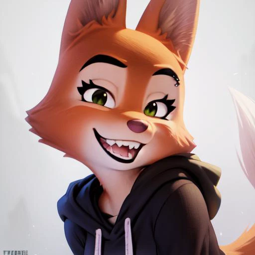 a beautiful and detailed head portrait of diane foxington,orange body, black lips, eyelashes, eyebrow piercing, smug, smile, open mouth, head tilted, white hoodie, <lora:dianeFoxington_v5:1>
