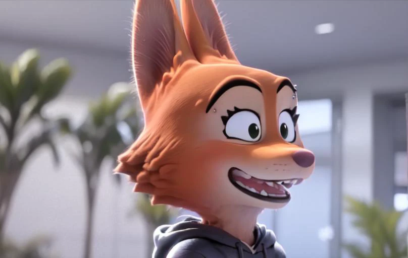 a beautiful and detailed halfbody portrait of diane foxington,orange body, black lips, eyelashes, eyebrow piercing, head tilted, hoodie, teeth 3d animation <lora:dianeFoxington_v5:1>