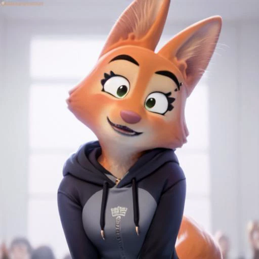 a beautiful and detailed head portrait of diane foxington,orange body, black lips, eyelashes, eyebrow piercing, head tilted, hoodie, cinematic ligtning, <lora:dianeFoxington_v5:1>