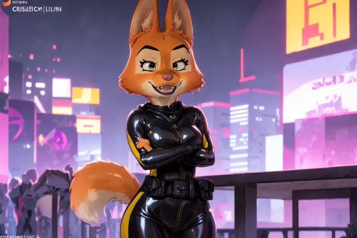 <lora:dianeFoxington_v4:1>, Diane Foxington, Night City Lights, Skyscraper With Neon Lights, Portrait Of Stunningly Beautiful Canid Furry Fox Girl, Soft Delicate Beautiful Attractive Face With Alluring Green-Black Eyes, Lovely Medium Breast, Voluminous Eyebrow With Piercing, Thick Eyelashes, (Smug Face:1.1), Open Fox Snout Mouth, Whiter Teeth With Cute Fangs Out, Orange Thick Layered Body Fur, Long Fox Ears With Tail, Black Parted Lips, High Quality Black Latex Texture Full Bodysuit With Close Zipper, Yellow Trim Clothes, Buckle Waist Belt, Standing On Highest City Rooftops, Bright Night City Skyline Background, (Crossed Arms:1.2), (Highest Quality, Amazing Details:1.4), Cel Shading, Raytracing, Color Grading, 3D Animation, Picturesque Scenery