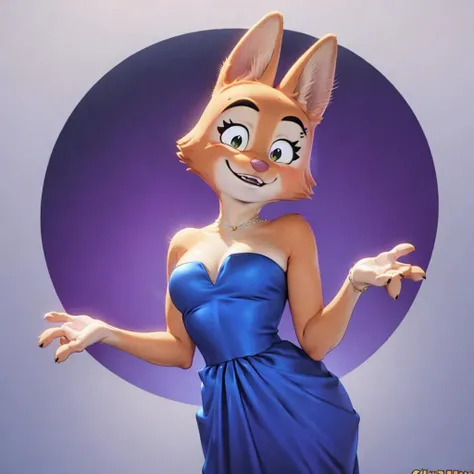 a beautiful and detailed full body portrait of diane foxington,orange body, black lips, eyelashes, eyebrow piercing, cinematic, smile, standing, blue dress, <lora:dianefoxingtonv5:1>, hand on chest, beautiful