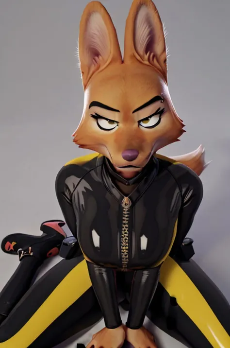 a beautiful and detailed pov portrait of diane foxington sitting and giving a titfuck to a large penis, ,perfect penis, titfuck,large penis, furry,((closed mouth)),anthro, fox, orange body, black lips, eyelashes, cute eyes, ((perfect simple background)),(consistent gray background), furry breasts, smug, (huge breasts),orange breasts, eyebrow piercing, black latex catsuit with yellow trim, belt,zipper,solo, squinting, soft lighting, extremely detailed eyes,extremely detailed,perfect face,perfect eyes,body,hands,<lora:3DMM_V12:1> <lora:dianefoxingtonv5:1> <lora:Titfuck_Realistic:.4>