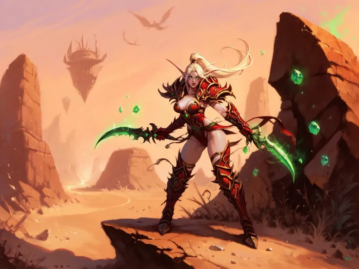 adult woman, red armor, blonde hair, elf, curvy, large breasts, red gauntlets, gem, greaves, green eyes, glowing eyes, green gemstone, hood, golding weapon, knife, red leotard, long hair, red pauldrons, ponytail, red shoulder armor, standing, desert, wind, sand dune, day, solo, upper body, outdoors, <lora:WarcraftXL:1>, BREAK score_9, score_8_up, score_7_up, score_6_up, score_5_up, score_4_up