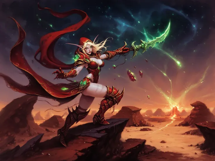 adult woman, red armor, blonde hair, elf, curvy, large breasts, red gauntlets, gem, greaves, green eyes, glowing eyes, green gemstone, hood, golding weapon, knife, red leotard, long hair, red pauldrons, ponytail, red shoulder armor, standing, red desert, wind, red sand dune, day, cosmic sky, solo, upper body, outdoors, <lora:WarcraftXL:1>, BREAK score_9, score_8_up, score_7_up, score_6_up, score_5_up, score_4_up