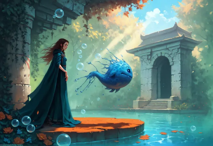 young woman, blue eyes, small breast, misty god-rays, scar, long hair, garden, cape, water, reflections, teal and orange, full body, blue creature, bubbles, looking down, side view, <lora:WarcraftXL:0.8>, BREAK score_9, score_8_up, score_7_up, score_6_up, score_5_up, score_4_up