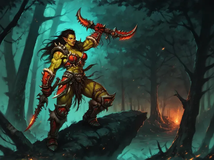 adult woman, orc, greenl skin, yellow eyes, black hair, long hair, muscular female, red armor, gloves, pauldrons armor, standing, holding weapon, dagger, dual wielding, black forest, night, outdoors, <lora:WarcraftXL:0.8>, BREAK score_9, score_8_up, score_7_up, score_6_up, score_5_up, score_4_up