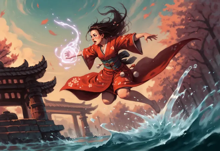 young girl, running, water magic, dynamic pose, japanese clothes, red kimono, water, sky, coulds, splashing, dynamic angle, solo, outdoors, <lora:WarcraftXL:0.8>, BREAK score_9, score_8_up, score_7_up, score_6_up, score_5_up, score_4_up