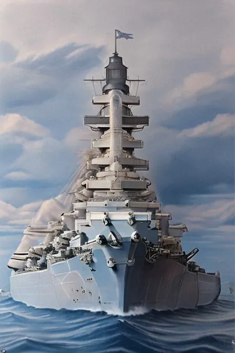 <lora:Bismarck_Battleship:1> bismarck, battleship, at sea, high waves, iland with lighthouse, 3d,