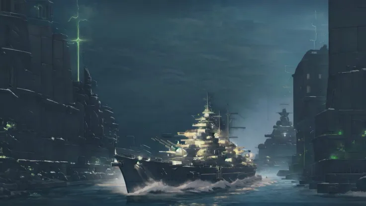 <lora:Necron_Architecture:0.7> Necron Architecture, electricity, green glow, green theme, BREAK, <lora:Bismarck_Battleship:0.8> (bismarck, warschip, battleship, ship:1.15), BREAK, Pride of a nation, a beast made of steel, 
Bismarck in motion, king of the ocean, BREAK, masterpiece, best quality, extremely detailed, highly quality, 4k, sharp focus, professional, sharp focus, award winning, cinematic lighting, octane render, unreal engine, volumetrics dtx, Wallpaper,