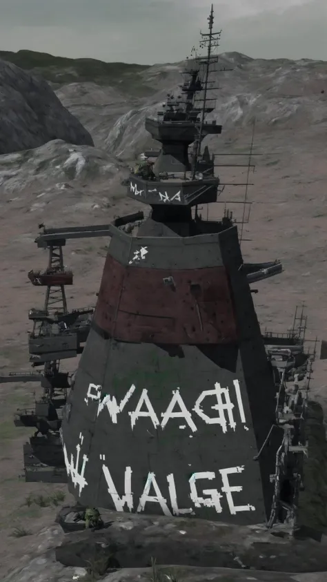 <lora:Ork_World:0.8> Ork World, weapon, outdoors, sky, no humans, graffiti, waaagh, white text, english text, BREAK, <lora:Bismarck_Battleship:0.5> bismarck, ship, battleship, boat,