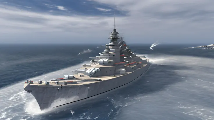 <lora:Bismarck_Battleship:0.8> bismarck, battleship, at sea, high waves, iland with lighthouse, 3d,