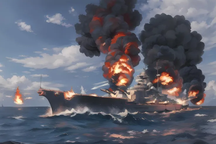 (bismarck), fire, flames, firing guns, battle, warzone, smoke, explosions, on the ocean,