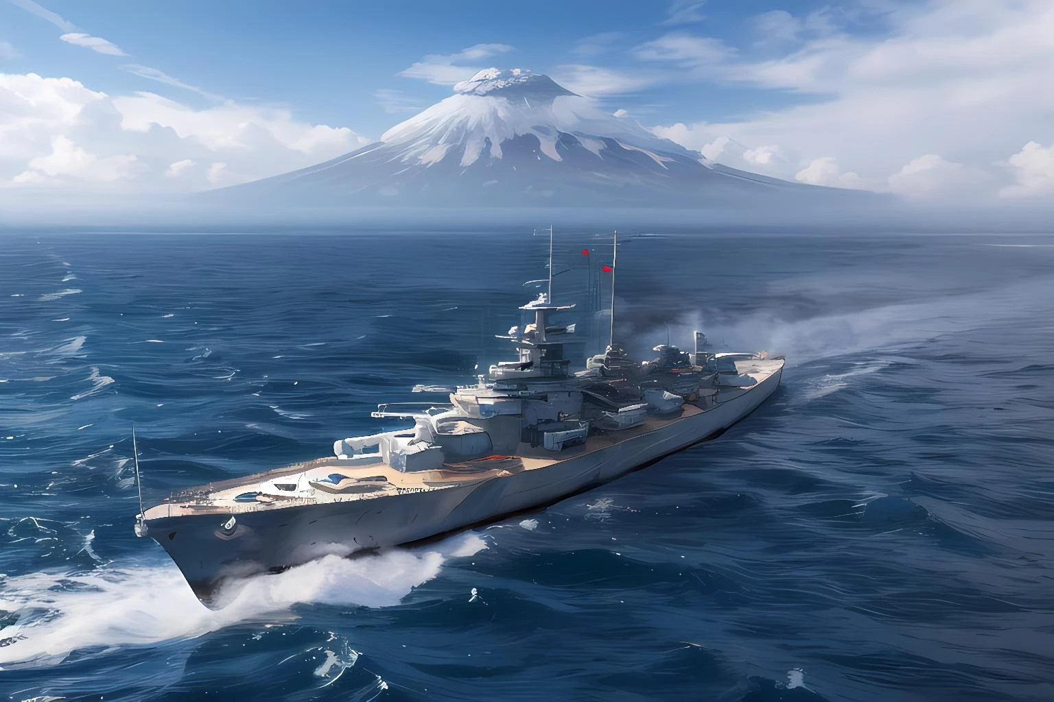 bismarck, sailing between tropical islands, volcanoes, detailed, high definition, realistic,