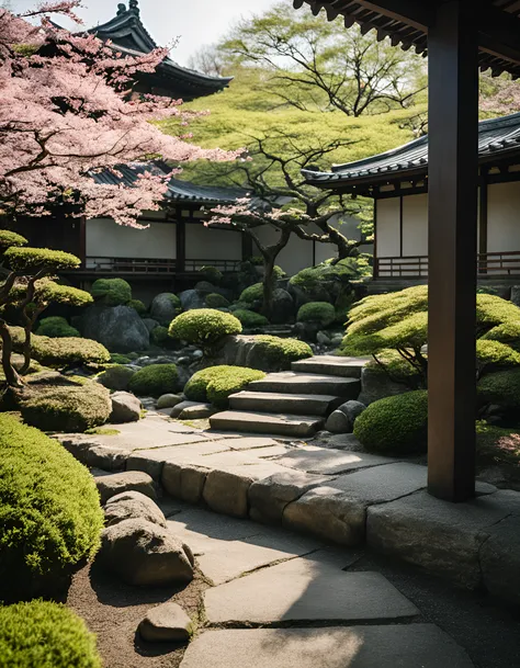 raw photo of a beautiful japanese garden in spring, shown through a tori, cinematic shot, harsh lighting