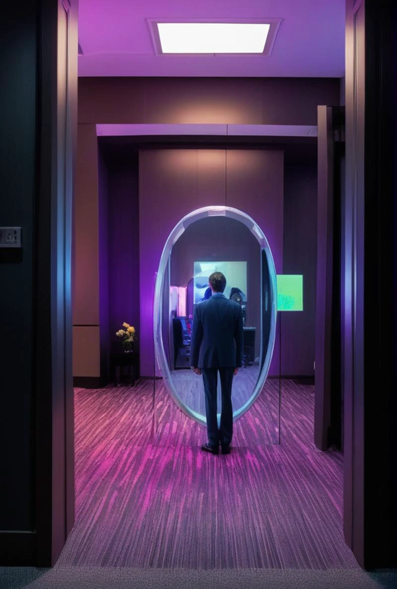 metaphysical style Analog photo of magic mirror in Fortune 100 CEO's executive office allowing them to see their personal egregore avatar looking back at them from the mirror dimension, chiaroscuro blacklight, deep blacks
<lora:LCM-LoRA-XL_V1:0.21>
<lora:SDXLHighDetail_v5:0.3>
<lora:sdxl_photorealistic_slider_v1:1.2> . surreal, eerie, uncanny, detailed