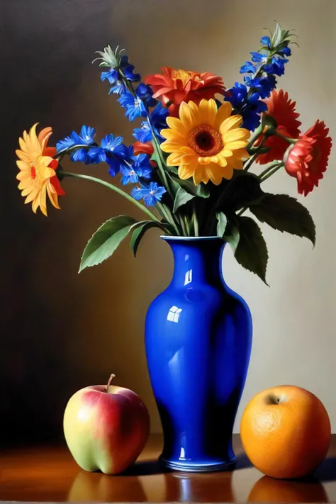 there is a blue vase with flowers and fruit on a table, a photorealistic painting by robert lee eskridge, flickr contest winner, photorealism, realistic flowers oil painting, beautiful realistic painting, fruit and flowers