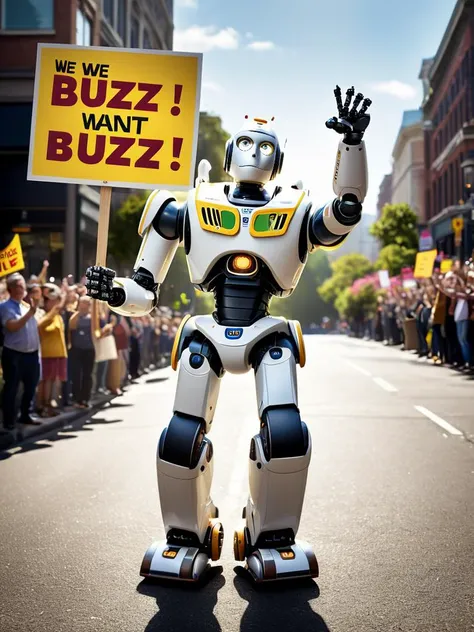 professional photography of a civitAI (robot) on strike, fist in the air, holding a sign saying (WE WANT BUZZ !:1.2), hyper detailed text, masterpiece, award winning art, ultra detailed, 8k resolution, excellent quality, natural lighting, fine details, 4k resolution, 35mm photograph, film, 0001SRGoodPictureV3, <lora:XL-add-detail-xl:0.3> <lora:xl_more_art-full_v1:0.2>