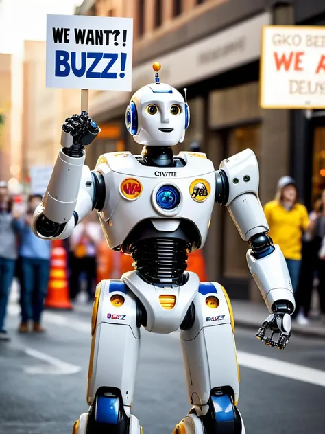 professional photography of a civitAI (robot) on strike, fist in the air, holding a sign saying (WE WANT BUZZ !:1.2), hyper detailed text, masterpiece, award winning art, ultra detailed, 8k resolution, excellent quality, natural lighting, fine details, 4k resolution, 35mm photograph, film, 0001SRGoodPictureV3, <lora:XL-add-detail-xl:0.3> <lora:xl_more_art-full_v1:0.2>