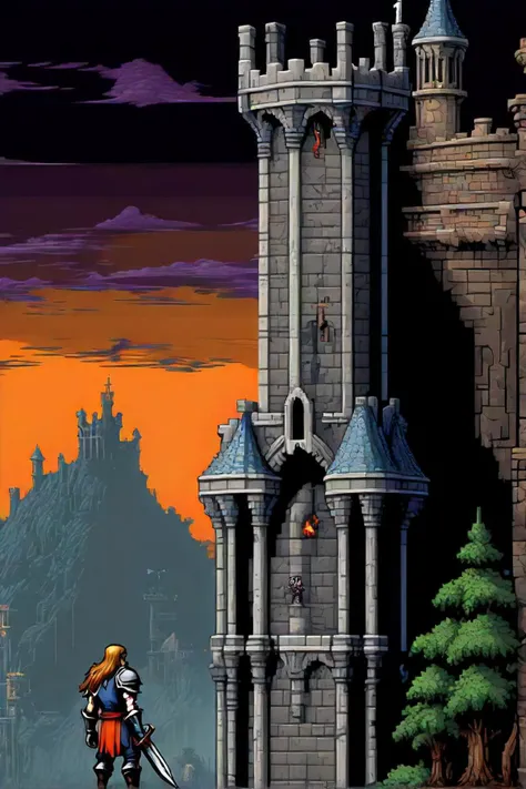 a close up of a video game with a tower in the background, side scrolling 2 d platformer, beautiful detailed pixel art, 2 d digital video game art, castlevania inspired, dark souls art style, 2d side scrolling game, side scroller, snes screenshot, 2d game art, 2 d game art, dark souls style, blasphemous