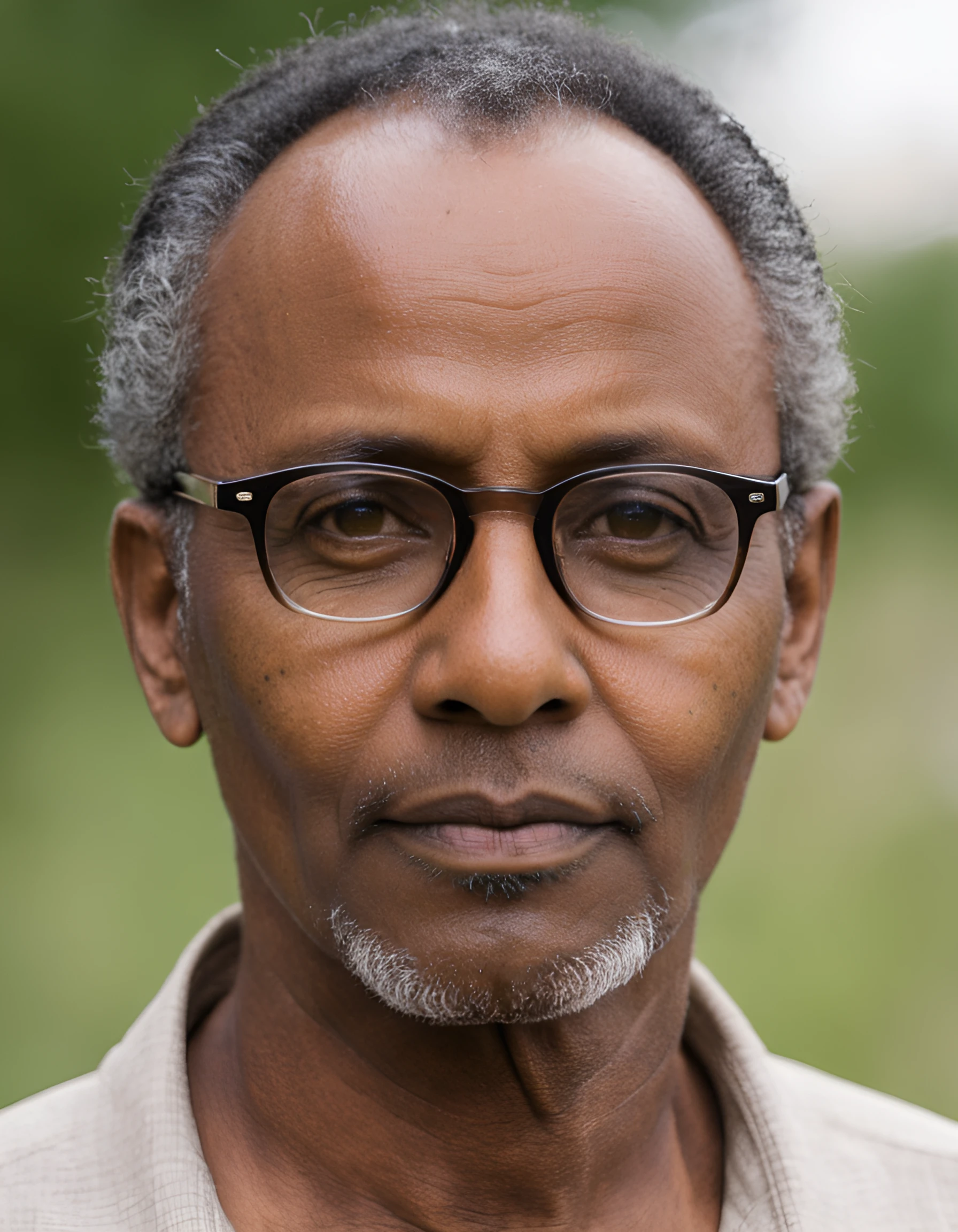 raw portrait photo of a 50yo somali man, outside, wearing glasses, bokeh, skin moles, detailed skin, cinematic shot