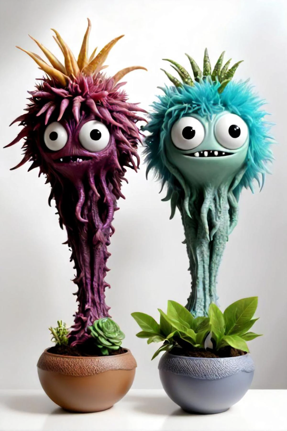 there are three vases with plants in them on a table, magical garden plant creatures, cute monsters, plant monster, monster statues, cute coronavirus creatures!, a plant monster, scary monster statues, alien plants and animals, alien plants, cute monster, cute coronavirus creatures, creepy cute creatures everywhere, lots of weird alien plants, furry friendly monster