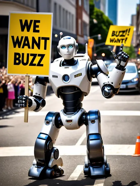 professional photography of a civitAI (robot) on strike, fist in the air, holding a sign saying (WE WANT BUZZ !:1.2), hyper detailed text, masterpiece, award winning art, ultra detailed, 8k resolution, excellent quality, natural lighting, fine details, 4k resolution, 35mm photograph, film, 0001SRGoodPictureV3, <lora:XL-add-detail-xl:0.3> <lora:xl_more_art-full_v1:0.2>