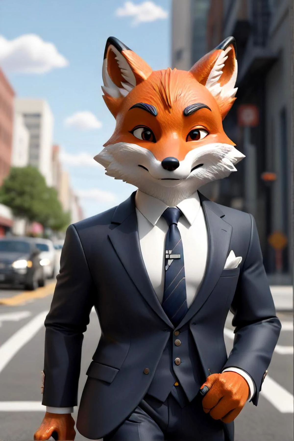there are two people dressed in suits and ties walking down the street, an anthro fox, high detailed 3d render cute character design, cgsociety portrait, mobile wallpaper, officer, very sharp and detailed photo, dribbble 8k, cinematic.  , subject detail: wearing a suit, foxes, #conceptart