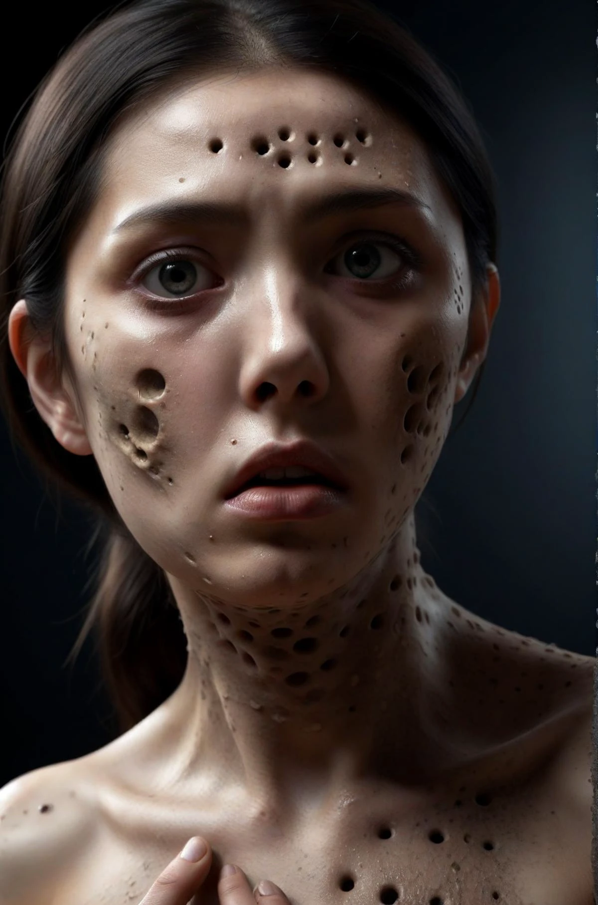 horror-themed (full body shot:2), photorealistic, skin texture, a horror born of the mind of junji ito, a girl with thousands of (holes:1.4) through her body and face, grabbing her own head in despair, <lora:Haute_CoutureXL:0.4> DTstyle <lora:dissolve:0.5> dissolve <lora:EnvyTrypophobiaXL01:1> (trypophobia:1.2), becoming hollow, holes in her hand, holes in her breasts instead of nipples, holes in her crotch, (holed nipples:1.3), no nipples, touching the holes in her face, huge holes, eerie, unsettling, dark, spooky, suspenseful, grim, highly detailed, detailed skin texture, (blush:0.5), (goosebumps:0.5), subsurface scattering, dry skin, fuzzy skin