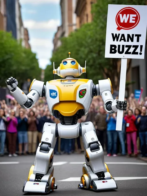 professional photography of a civitAI (robot) on strike, fist in the air, holding a sign saying (WE WANT BUZZ !:1.2), hyper detailed text, masterpiece, award winning art, ultra detailed, 8k resolution, excellent quality, natural lighting, fine details, 4k resolution, 35mm photograph, film, 0001SRGoodPictureV3, <lora:XL-add-detail-xl:0.3> <lora:xl_more_art-full_v1:0.2>