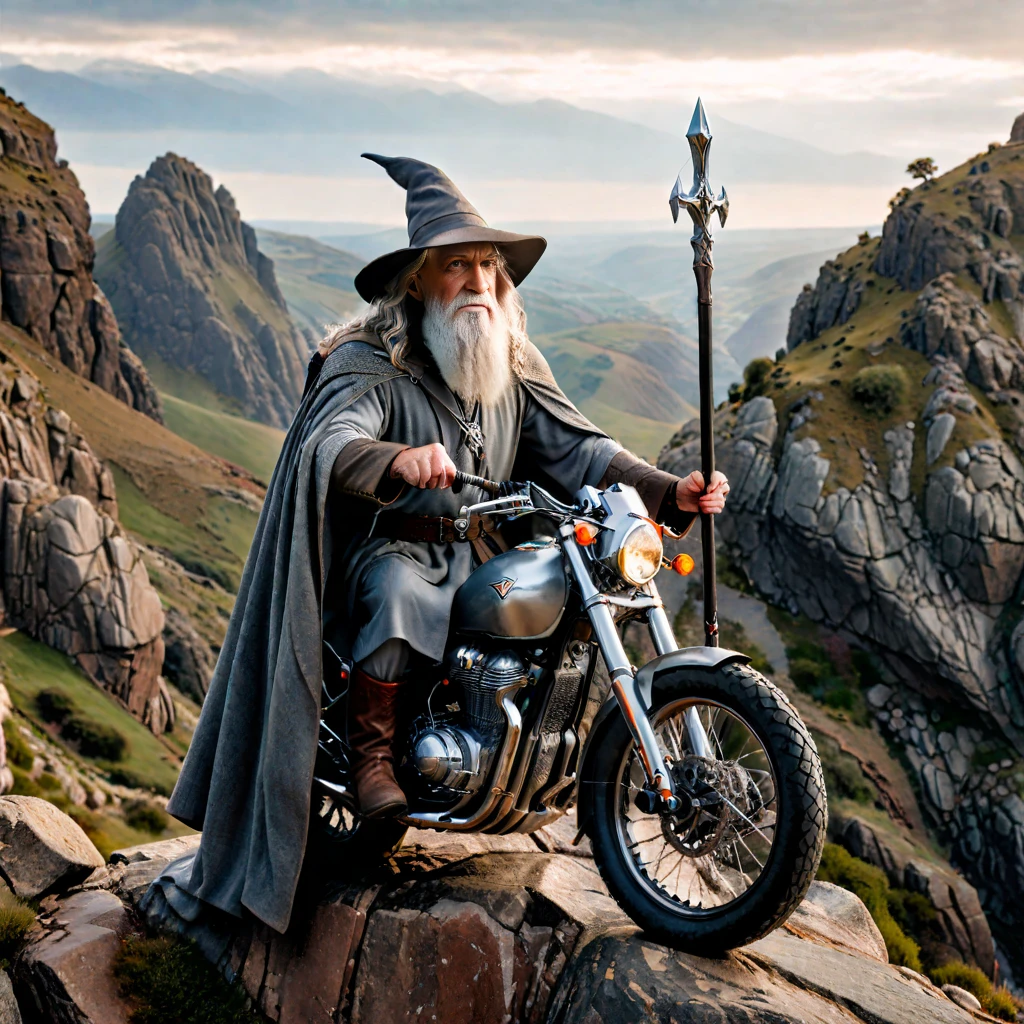 ((Fullbody:1.3))photography, hyper realism, 64k, photo of gandalf on a cross motorcycle, wearing cape and hat, holding his rod in a hand, standing in a rocky gorge, hyper detailed, perfect face,Masterpiece,Award Winning Photography,Studio Quality,32k uhd,taken using a Sony A7 IV,telephoto lens, ISO 100, <lora:add-detail-xl:0.8> <lora:xl_more_art-full_v1:0.8>