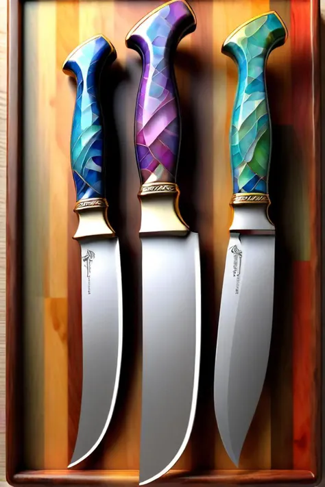there are three knives on a cutting board with a wooden board, a 3d render inspired by louis comfort tiffany, featured on polycount, cloisonnism, holographic blade!, knives, colorful hilt