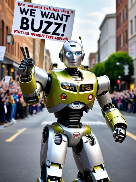 professional photography of a civitAI (robot) on strike, fist in the air, holding a sign saying (WE WANT BUZZ !:1.2), hyper detailed text, masterpiece, award winning art, ultra detailed, 8k resolution, excellent quality, natural lighting, fine details, 4k resolution, 35mm photograph, film, 0001SRGoodPictureV3, <lora:XL-add-detail-xl:0.3> <lora:xl_more_art-full_v1:0.2>