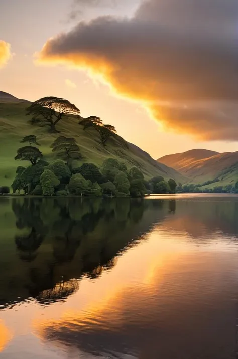 Masterpiece, well composed, detailed photograph of a lake and surrounding landscape, sunset, Lake district UK, Ullswater , Windemere, 8k uhd, Thomas Heaton