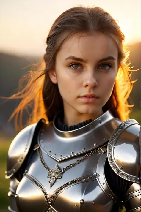 (masterpiece), (extremely intricate:1.3), (realistic), portrait of a girl, the most beautiful in the world, (medieval armor), metal reflections, upper body, outdoors, intense sunlight, far away castle, professional photograph of a stunning woman detailed, sharp focus, dramatic, award winning, cinematic lighting, octane render unreal engine, volumetrics dtx, (film grain, blurry background, blurry foreground, bokeh, depth of field, sunset, motion blur:1.3), chainmail