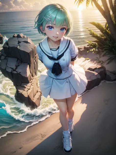 ((masterpiece)), (best quality), (ultra-detailed), high resolution, extremely detailed, intricate detail, perfect anatomy, finely detailed, bloom, illustration, epic lighting, cinematic composition, colorful, game_cg,
hard shadows, studio lighting, soft lighting, diffused lighting, rim lighting, volumetric lighting, specular lighting, cinematic lighting, luminescence, translucency, subsurface scattering, global illumination, indirect light bioluminescent details, glowing, shimmering light, iridescent, backlighting, caustics,
outside, (ocean, ocean wave, beach, sand), coconut trees, sunset, evening,
pov, from above, perfect eyes, walking, happy, smile, hands at sides, looking at viewer, arms behind back, facing viewer,
(petite:1.2, petit:1.2), (large breasts), light blush,
<lora:nomiki:0.8> green hair, white school uniform, (white miniskirt), (white uniform skirt), black fingerless gloves, black biker shorts, black socks, sneakers,