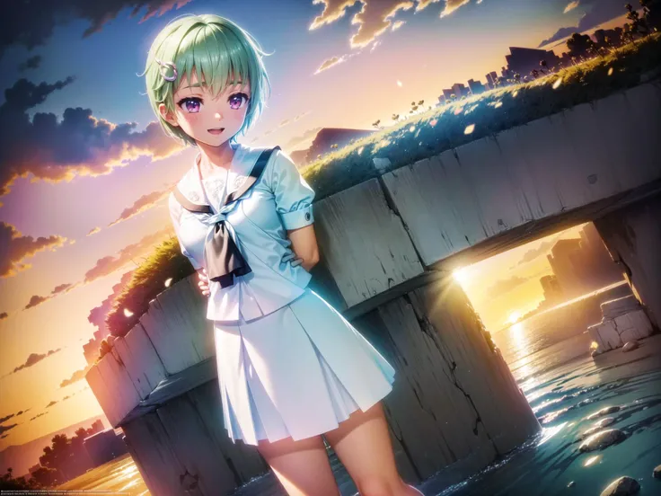 ((masterpiece)), (best quality), (ultra-detailed), high resolution, extremely detailed, intricate detail, perfect anatomy, finely detailed, bloom, illustration, epic lighting, cinematic composition, colorful, game_cg,
hard shadows, studio lighting, soft lighting, diffused lighting, rim lighting, volumetric lighting, specular lighting, cinematic lighting, luminescence, translucency, subsurface scattering, global illumination, indirect light bioluminescent details, glowing, shimmering light, iridescent, backlighting, caustics,
sfw,
(outdoor, evening sea view, ocean wave, sunset:1.2, evening:1.4, sun:1.4), coconut trees, seagulls, islands, moutains,
(beach, seaside, seashore, strand, seacoast),
standing, light smile, looking at viewer, arms behind back, looking at viewer, (spread arms), half-open mouth,
1girl, solo, cowboy shot, (childish:1.1, petite:1.1, petit:1.2, thin), (large breasts), light blush, cute pose,
<lora:nomiki:0.8> nomiki, green short hair, (white school uniform:1.4), (white miniskirt), (white uniform skirt:1.4), black fingerless gloves, black biker shorts, black socks, sneakers,