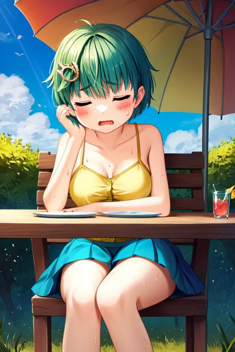zPDXL2, rating_safe, source_anime, 4k quality, detailed background, detailed eyes, outdoors, sunny, sitting in chair, umbrella table, glass of juice, closed eyes, sad eyebrows, open mouth, wavy mouth, sweat drops, yellow button-up camisole, teal buttoned skirt, <lora:nomiki-xl-07:1>, nomiki, medium breasts, full breasts,